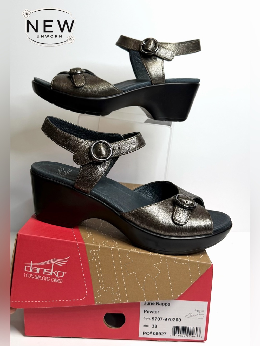 NEW Dansko June Nappa Pewter Wedge Sandal Size EU 38 in Original Box